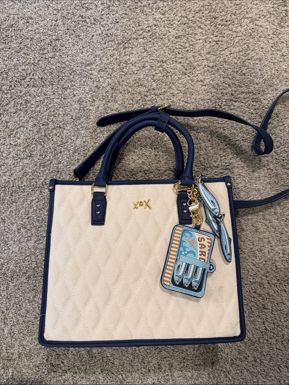 Betsey johnson sardine Quilted Cream and Navy Tote Bag with Charm Accent